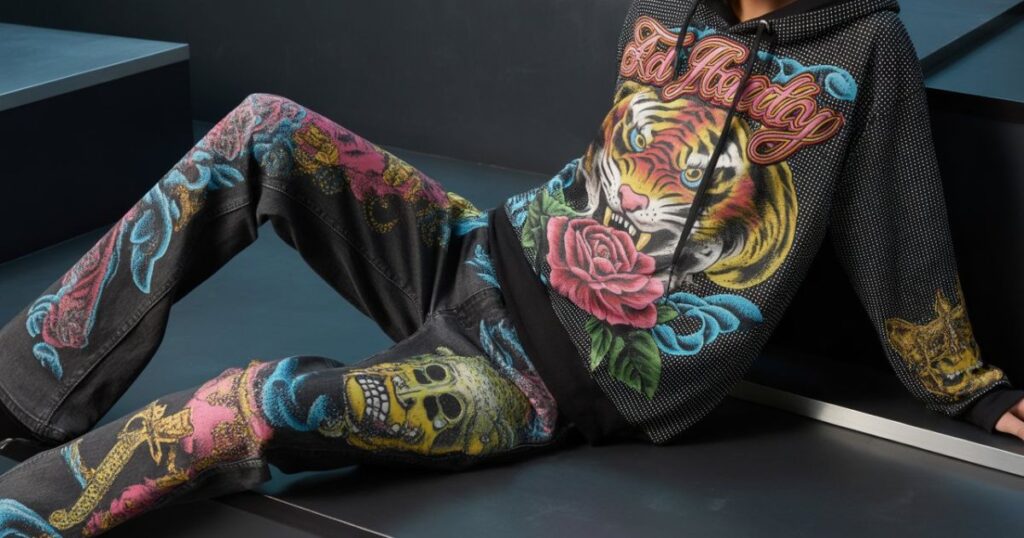 Ed Hardy set with a matching jacket and pants decorated with signature tiger and skull artwork.