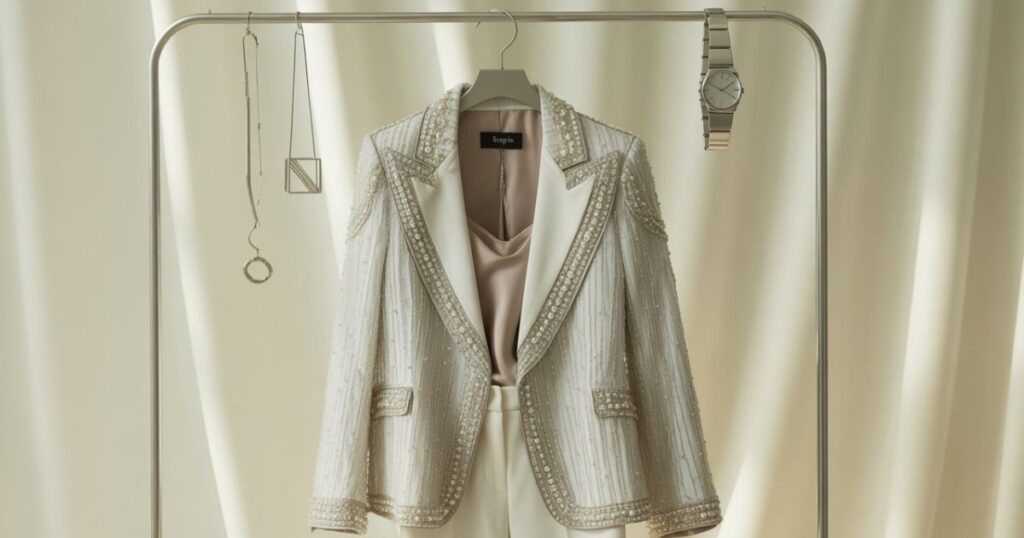 White Embellished Blazer with gold appliqué details creating a bold luxury style