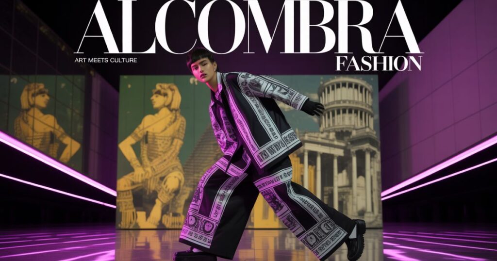 Alcombra Fashion model showcasing a bold patterned kaftan in vibrant colors.