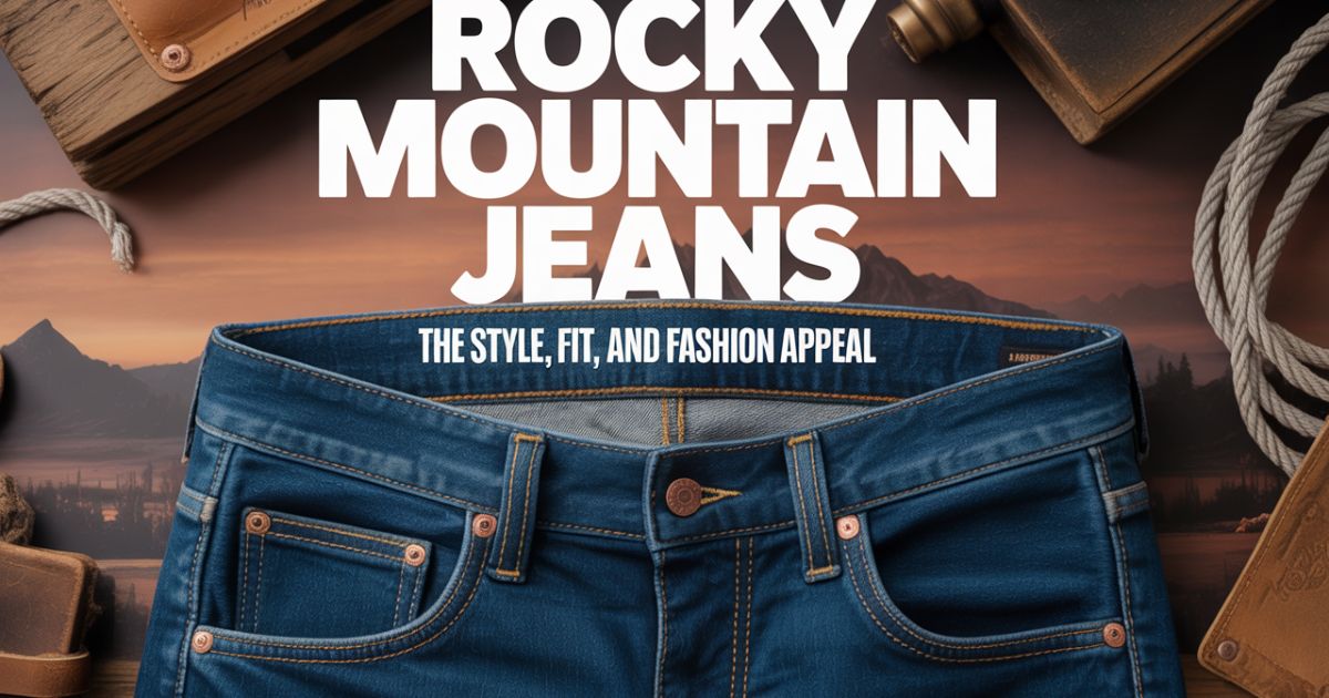 Rocky Mountain Jeans displayed outdoors against a rustic wooden backdrop.