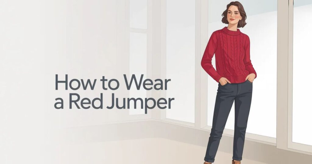 Woman lounging on a sofa wearing a red oversized jumper with leggings and cozy socks.