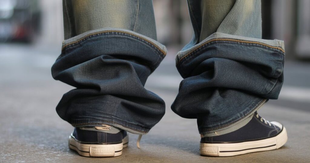 Person wearing stacked what does stacked jeans mean with sneakers, emphasizing the stacked fabric at the bottom.