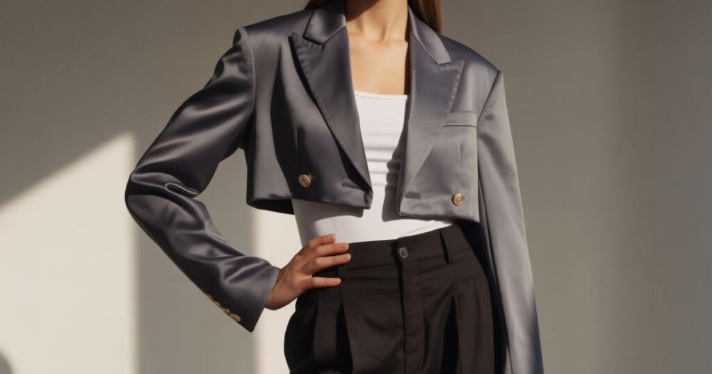 Close-up view of Blazertje blazer fabric and detailing, showing buttons and stitching.