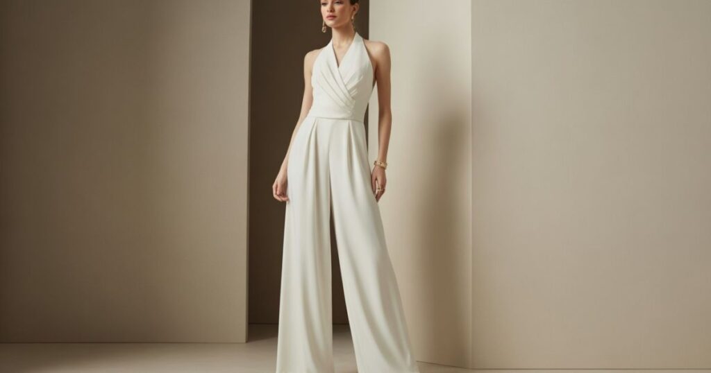 Close-up of White Jumpsuit Evening Wear fabric and neckline details with delicate stitching.