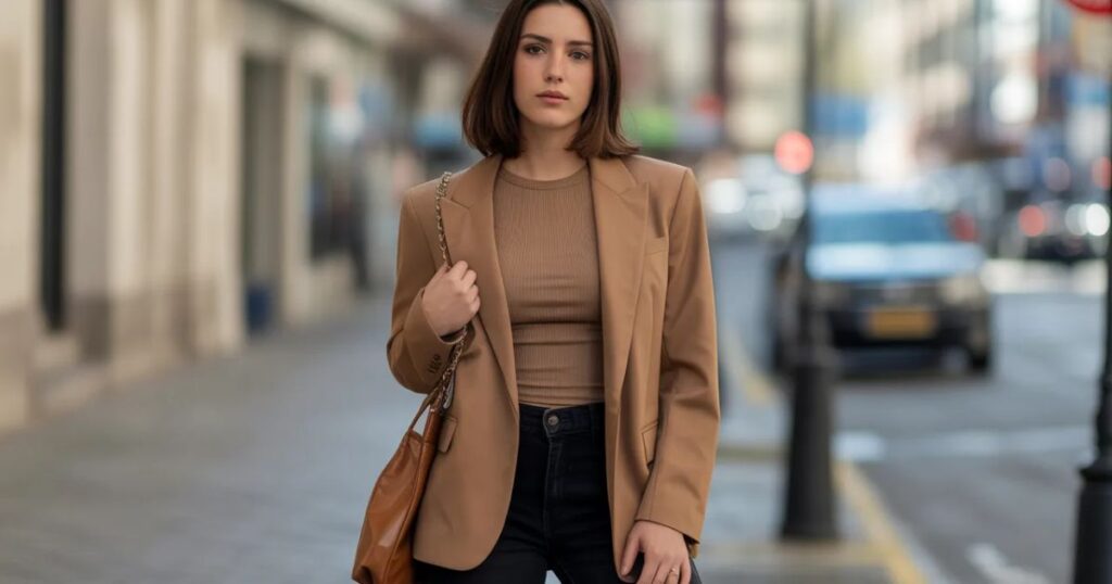 Model wearing a Blazertje blazer styled with casual pants for a smart-casual look.