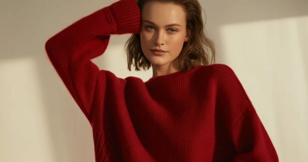 Woman wearing a bright Red Sweater Fashion while posing outdoors in soft natural light.