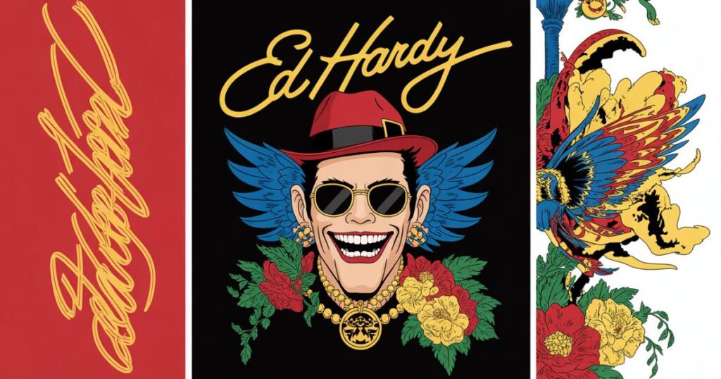 Store display with Ed Hardy jackets, shirts, and accessories featuring tattoo-style graphics.