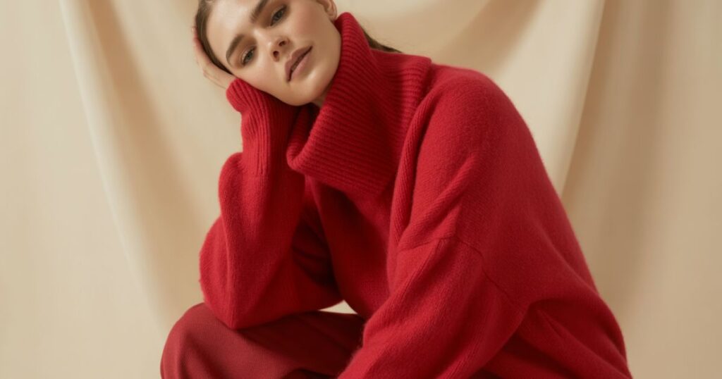 Man walking down a city street wearing a fitted Red Sweater Fashion layered over a white shirt.