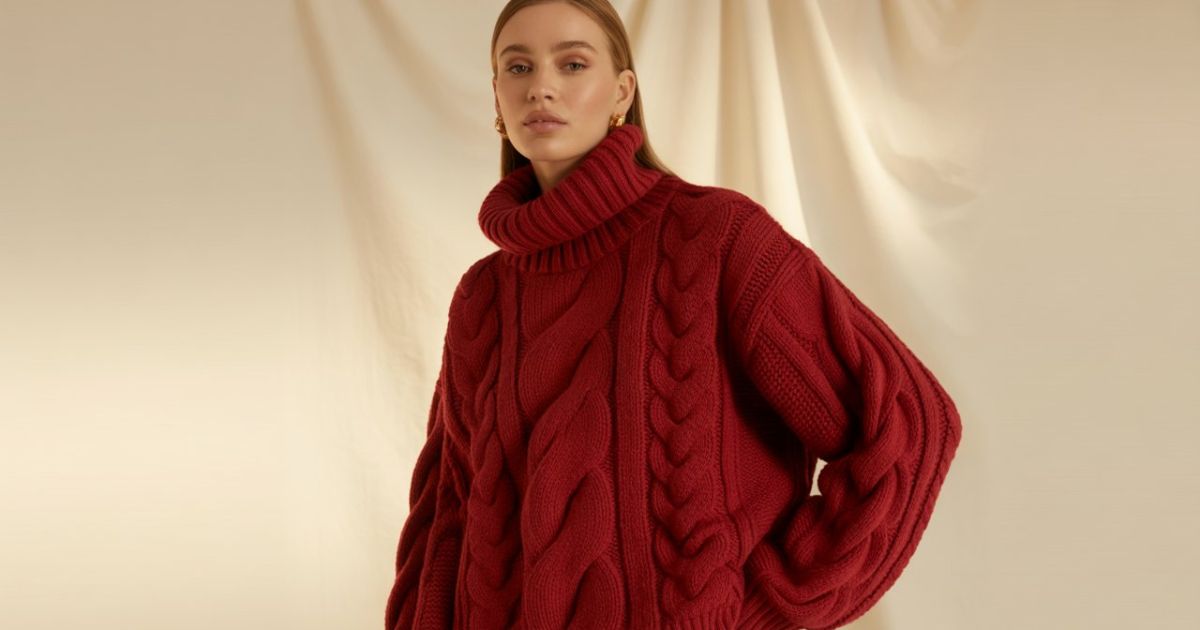 Woman leaning on a railing in a cropped Red Sweater Fashion and high-waisted pants during golden hour.
