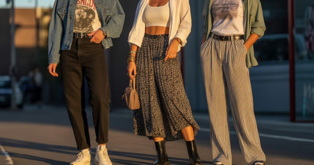 Woman wearing a denim jacket, graphic tee, and black leggings at an outdoor Comfortable Concert Outfits during the day.