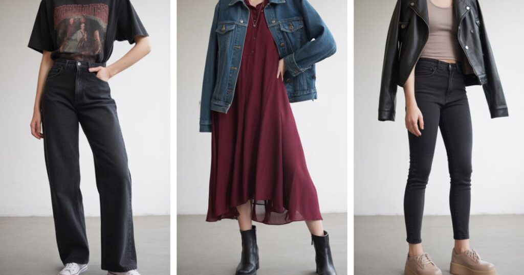 Person wearing an oversized sweater, straight-leg jeans, and sneakers at an indoor Comfortable Concert Outfits venue.