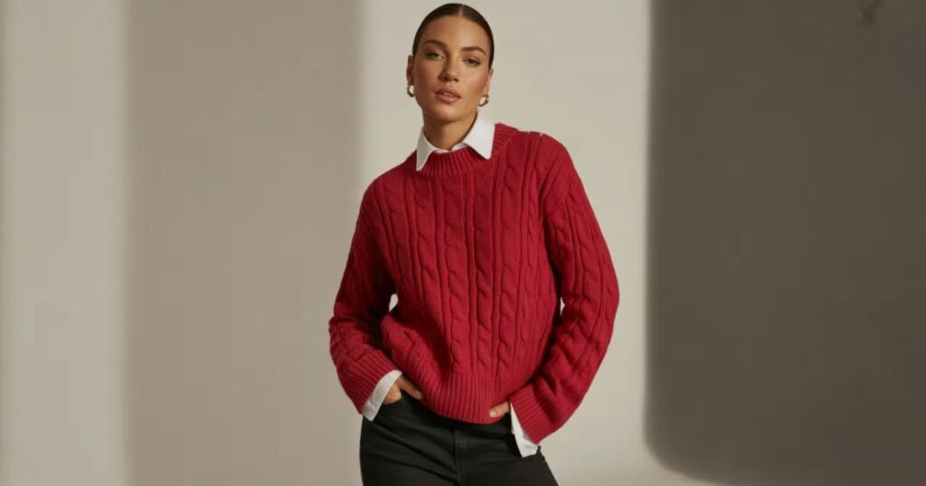 Man wearing a red jumper layered over a white shirt with black trousers in an office setting.