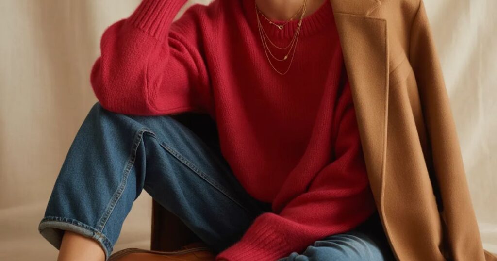 Model in a red oversized sweater, leather pants, and ankle boots for an edgy street style.