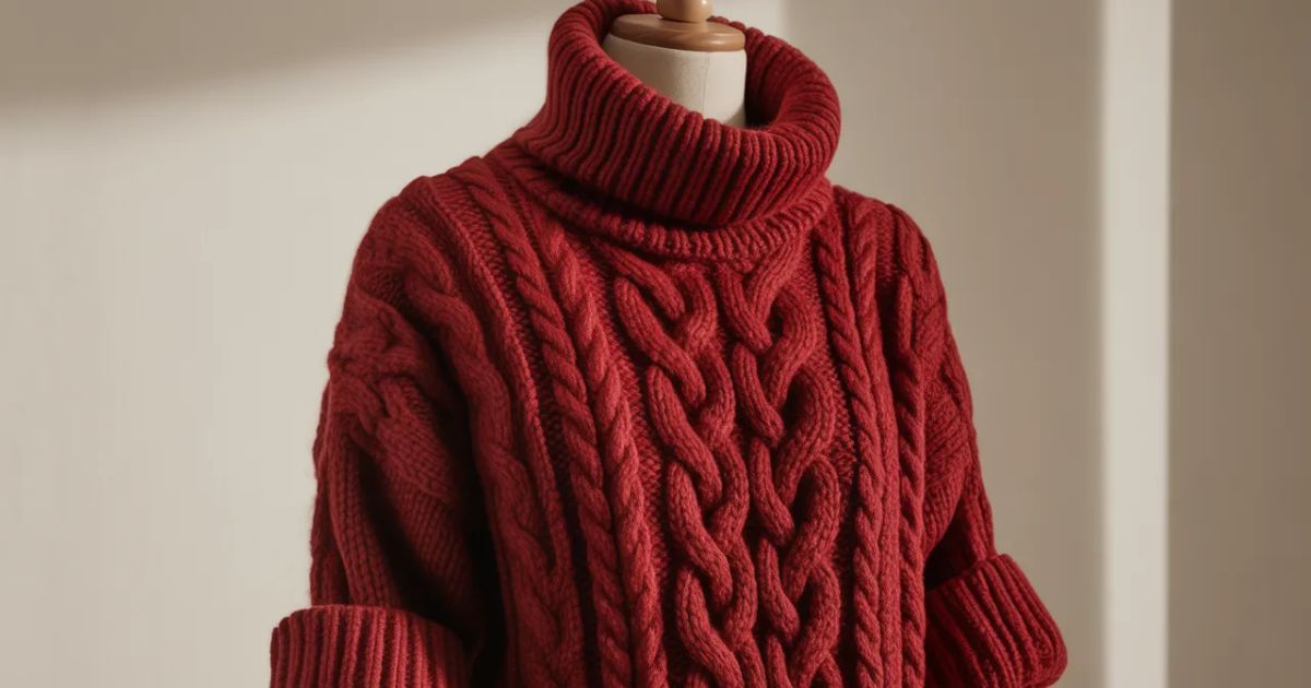 Woman Style a Red Sweater under a beige coat with a scarf for a cozy winter outfit.