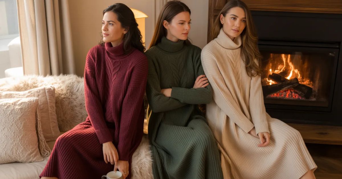 Woman wearing a plaid Cosy Winter Dresses layered with a chunky cardigan and scarf.