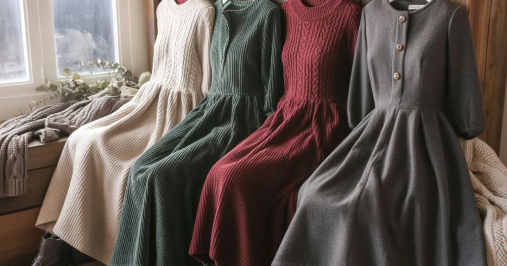 Woman in a dark red velvet long-sleeve Cosy Winter Dresses standing beside twinkling holiday lights.