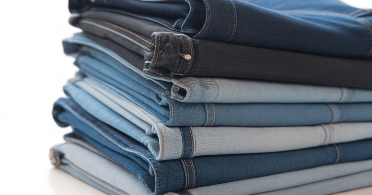 Close-up of stacked what does stacked jeans mean on a person standing, showcasing the gathered fabric at the ankles.