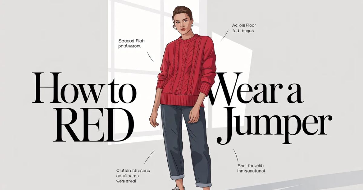 How to Wear a Red Jumper with blue jeans and white sneakers while walking outdoors.