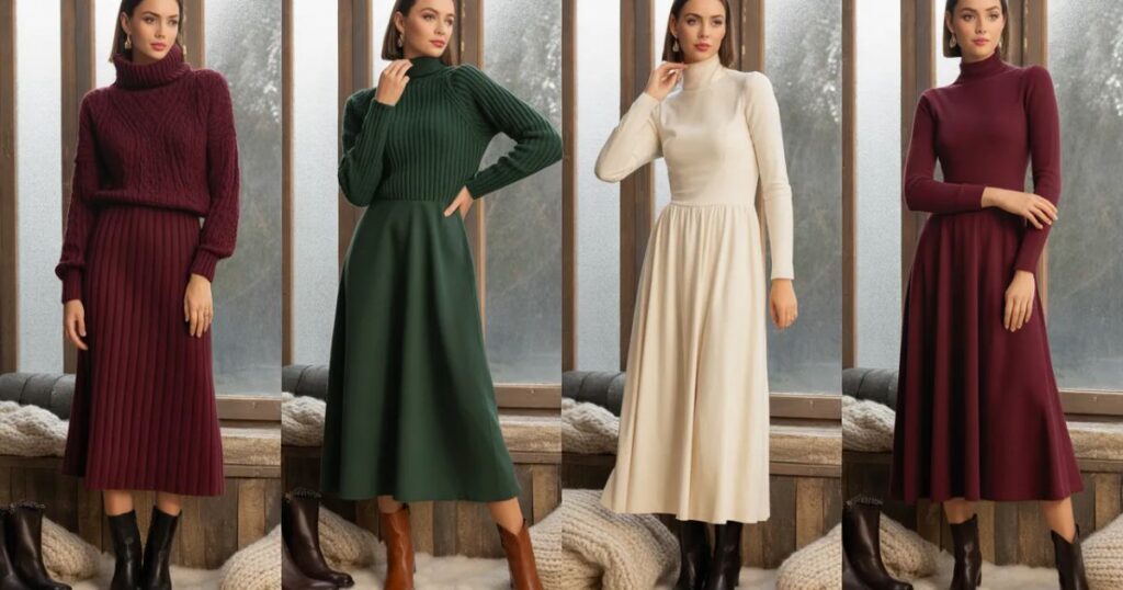 Model in a grey turtleneck wool Cosy Winter Dresses walking through a snowy park.