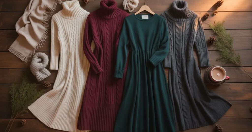 Woman wearing a chunky cream knitted Cosy Winter Dresses sitting by a fireplace with a mug of cocoa.