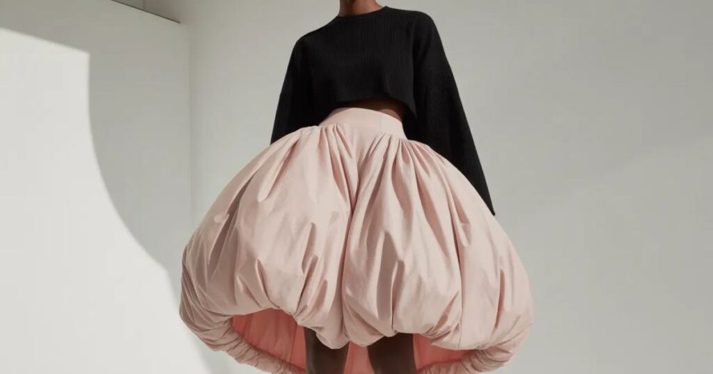 Woman wearing a black mini Bubble Skirt Trend with a fitted white blouse and ankle boots on a city street.