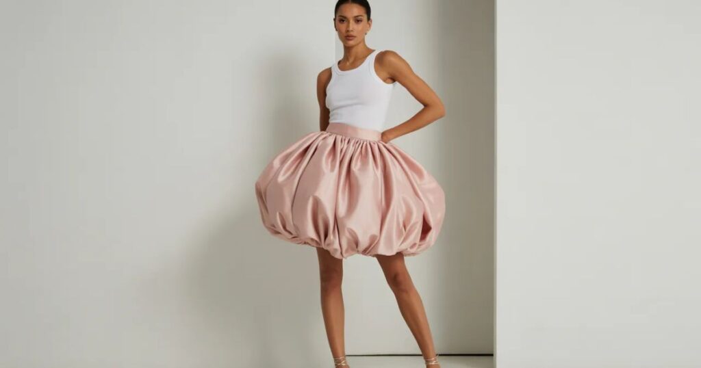 Young woman in a denim Bubble Skirt Trend with a graphic tee and sneakers, standing against a graffiti wall.