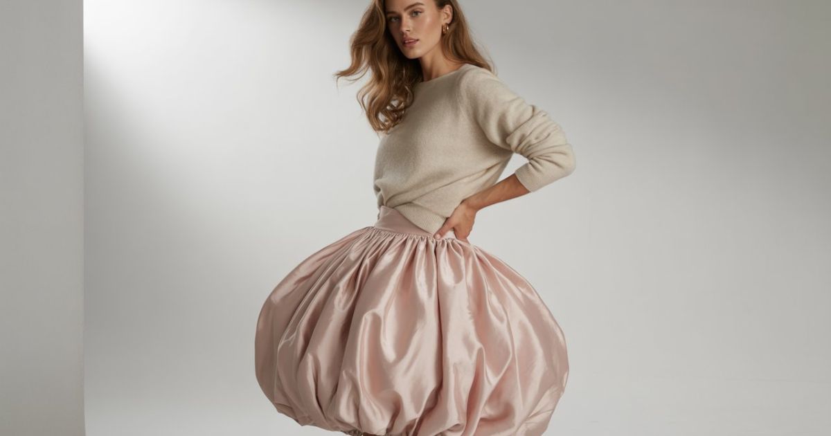 Model walking on a runway in a structured pastel Bubble Skirt Trend paired with a minimalist top and heels.