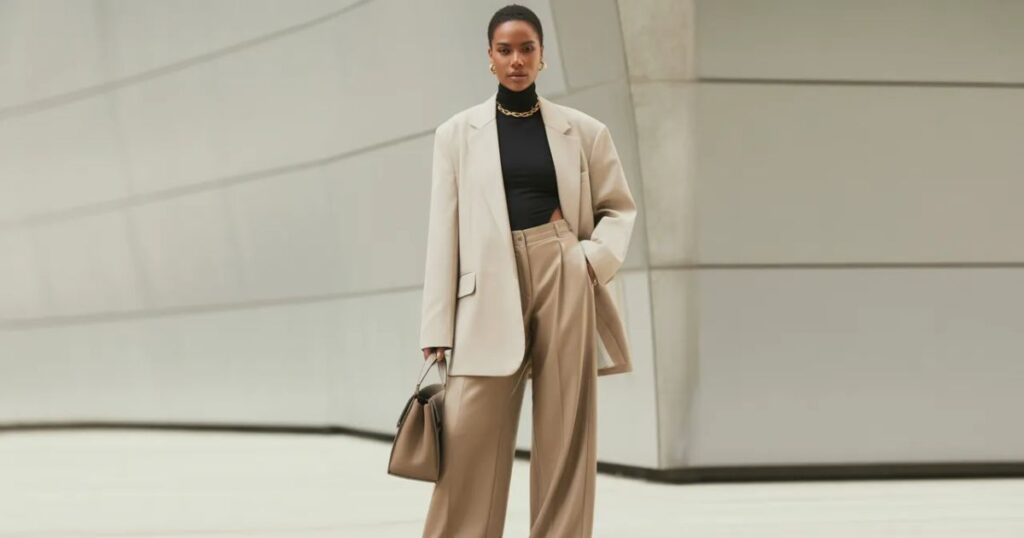 Close-up of Acubi-style accessories including a silver necklace, minimalist bag, and neutral makeup.