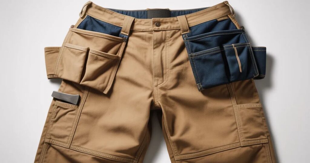 Close-up of utility pockets and hammer loop on denim carpenter pants.