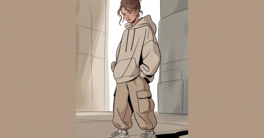 A group of friends dressed in Acubi-inspired streetwear with matching neutral colors and layered outfits.