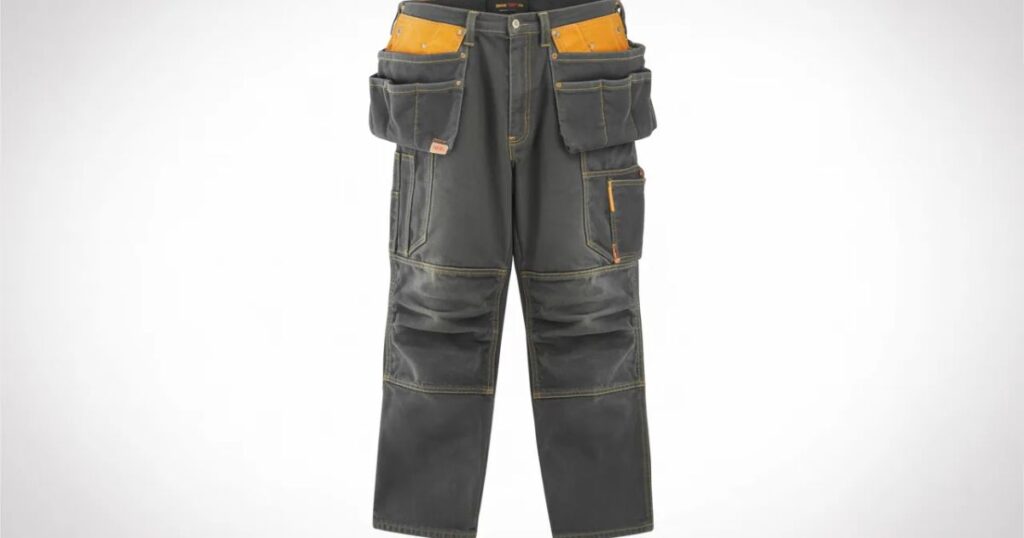 Assorted carpenter pants in different colors and fabrics laid out on a flat surface.