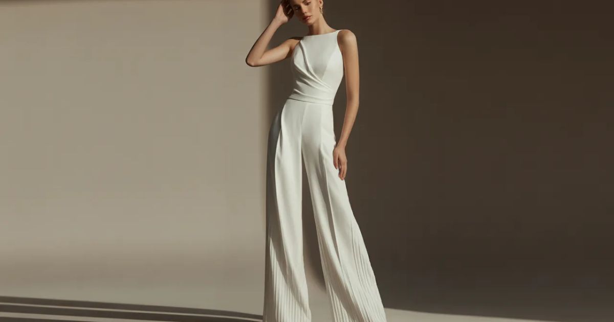 Assortment of white evening jumpsuits in various styles and silhouettes on hangers.