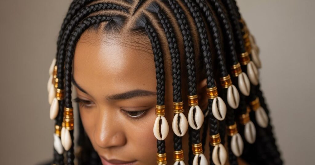 Fulani braided hairstyle with long feed-in braids and gold accessories