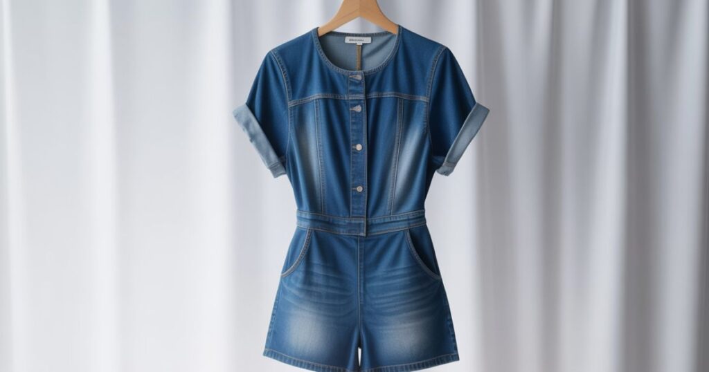Back view of a Denim Romper showing adjustable straps and pocket details