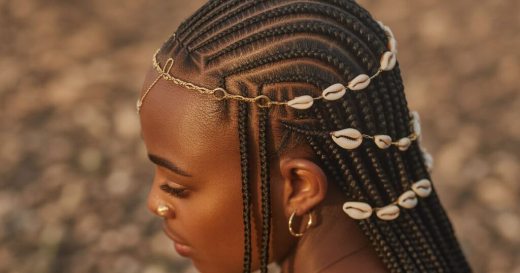 Woman wearing classic Fulani braids with center cornrow and beads