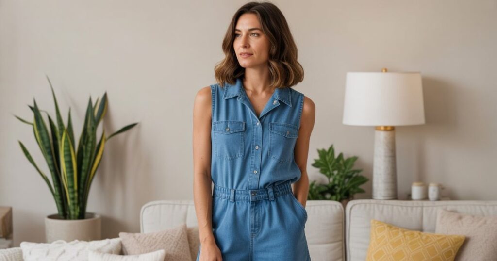 Side view of a Denim Romper with cuffed shorts and fitted waist
