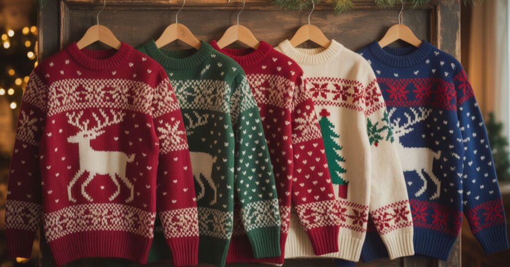 Cozy red Christmas sweaters with classic snowflake patterns displayed in a warm holiday setting.