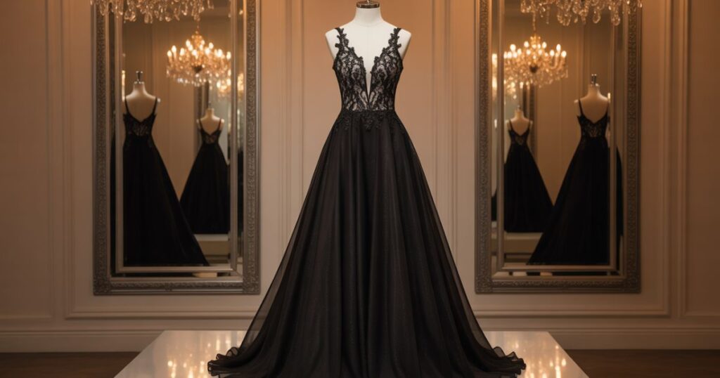 Front view of a Dress for Prom Black with elegant neckline and fitted waist