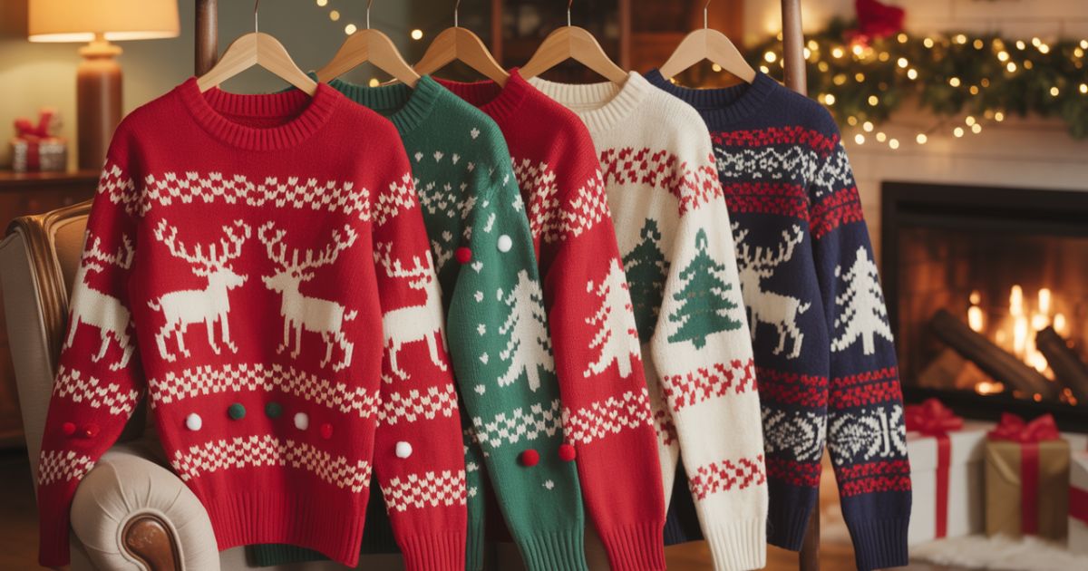 Green Christmas sweaters decorated with reindeer and tree motifs for festive winter wear.