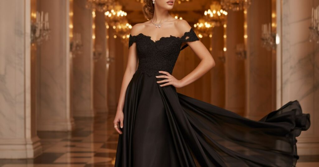 Back view of a Dress for Prom Black showing zipper closure and flowing design