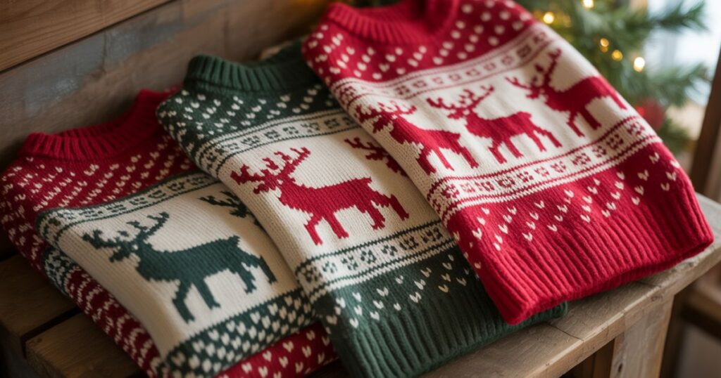 Cute Christmas sweaters with cartoon characters and colorful holiday graphics.