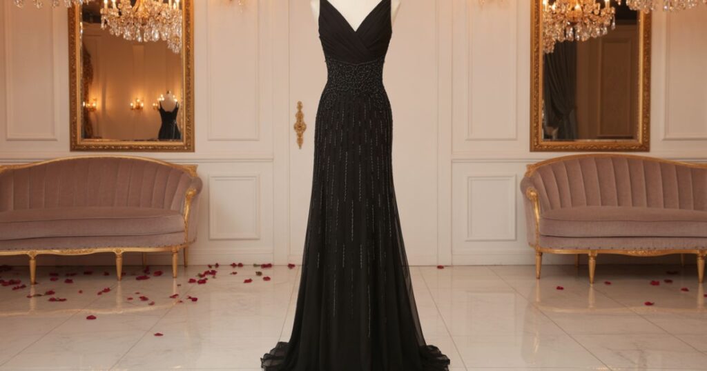 Side view of a Dress for Prom Black showcasing its fitted bodice and elegant flare