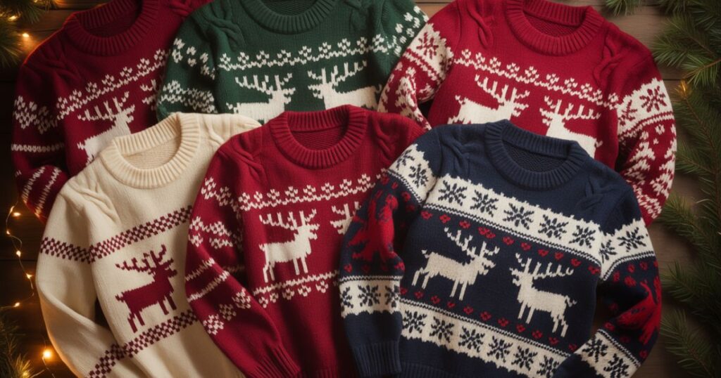 Elegant Christmas sweaters in soft neutral tones with subtle winter embroidery.