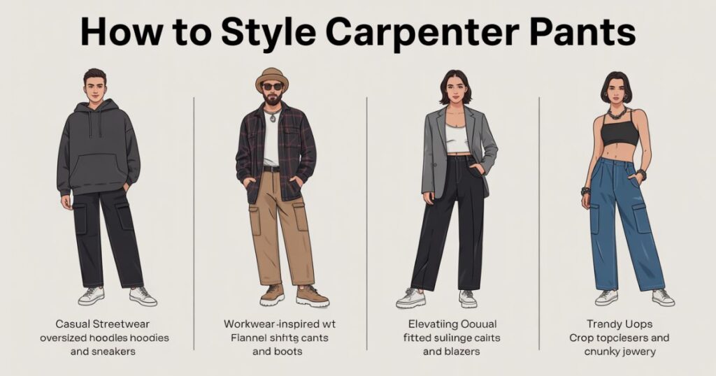 Smart-casual outfit using How to Style Carpenter Pants with a button-down shirt and loafers.