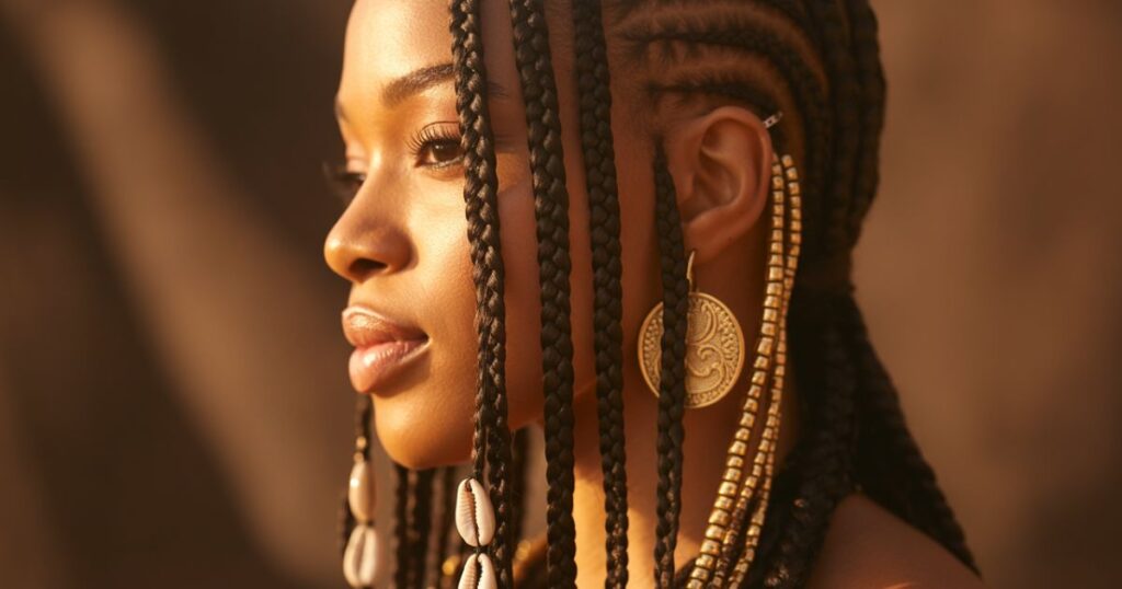 Side-part Fulani braids with intricate cornrow patterns and shells