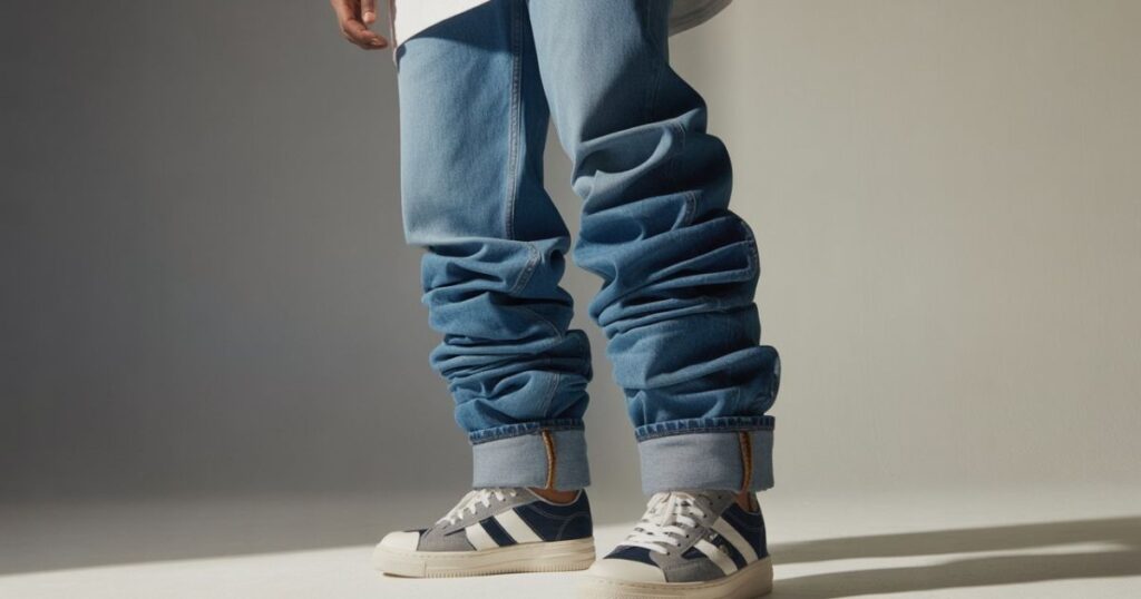 A model pairing stacked jeans with a slim-fit button-down shirt, demonstrating How to Wear Stacked Jeans in a semi-casual outfit.