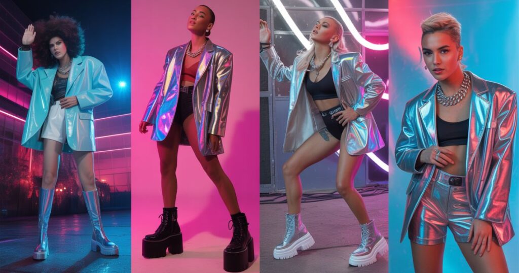 Trendy Concert Looks 2025 featuring a metallic crop top paired with black cargo pants.