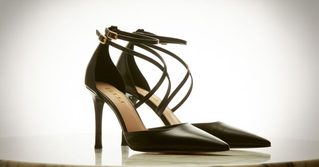 Gold strappy heels with sparkling accents placed on a marble surface.