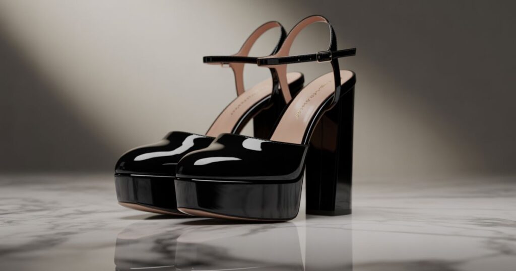 Black Platform Heels showing side profile with thick platform base