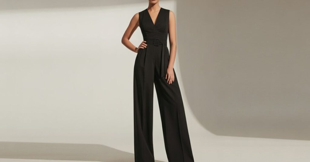Elegant Dress Black Jumpsuit with wide legs and statement jewelry, styled for a formal event.